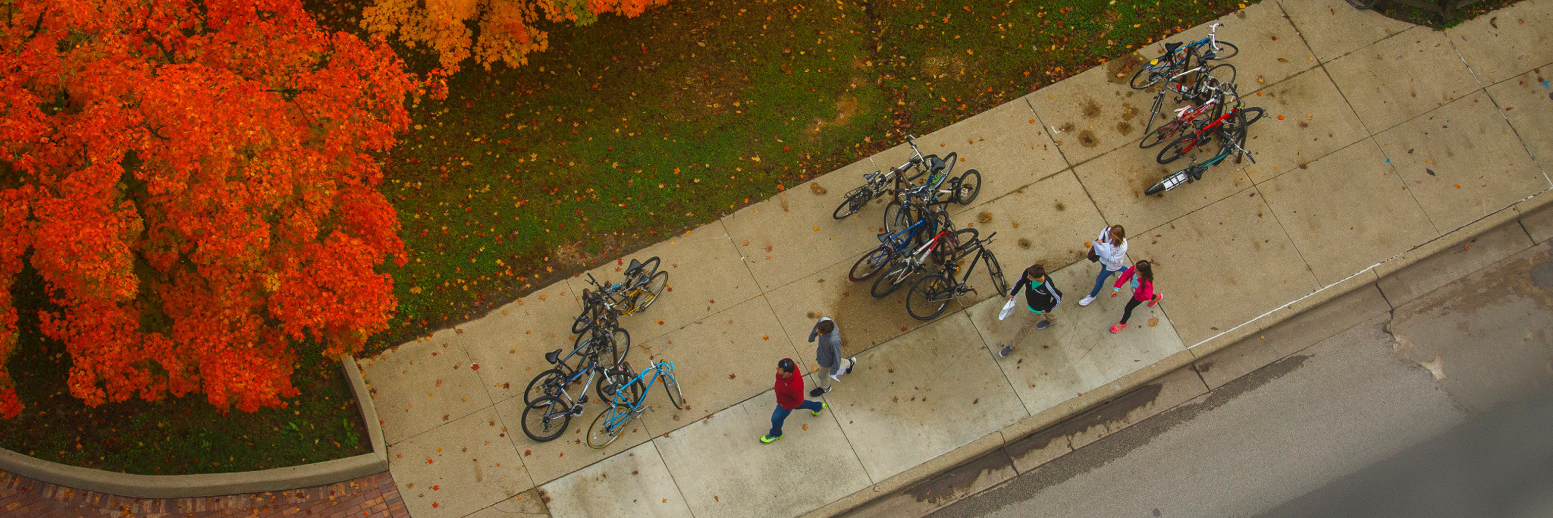 Aerial shot of bikes and students